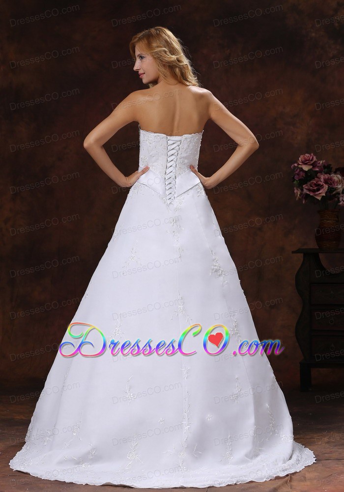 A-line Strapless Wedding Dress With Brus Train Embroidery Over Shirt