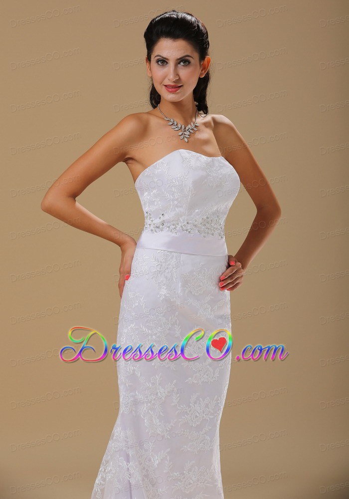 Strapless Lace Over Skirt Beaded Decorate Waist For Wedding Dress