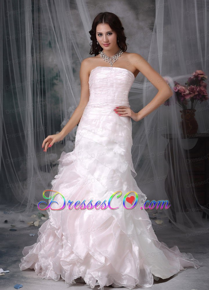 Cute A-line Strapless Brush Train Organza Ruched Wedding Dress