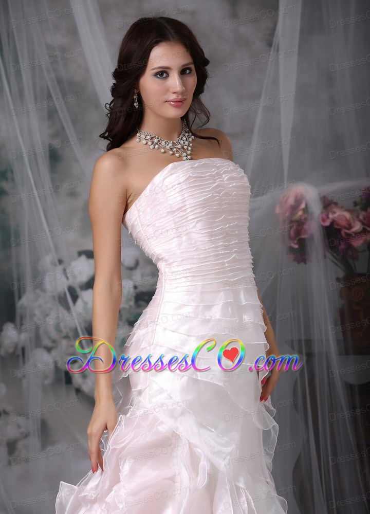 Cute A-line Strapless Brush Train Organza Ruched Wedding Dress