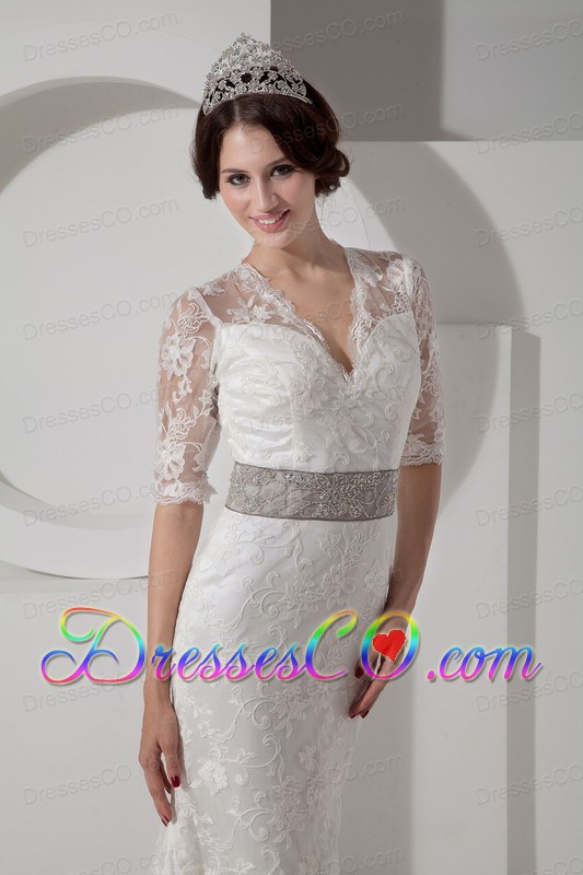 Informal Column V-neck Brush Train Satin Lace and Belt Wedding Dress