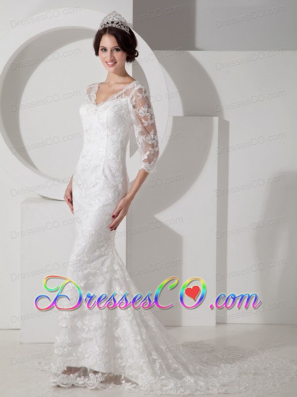 Low Price Mermaid V-neck Brush Train Satin Lace Wedding Dress