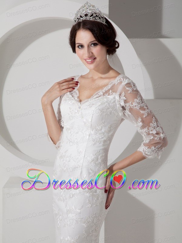 Low Price Mermaid V-neck Brush Train Satin Lace Wedding Dress