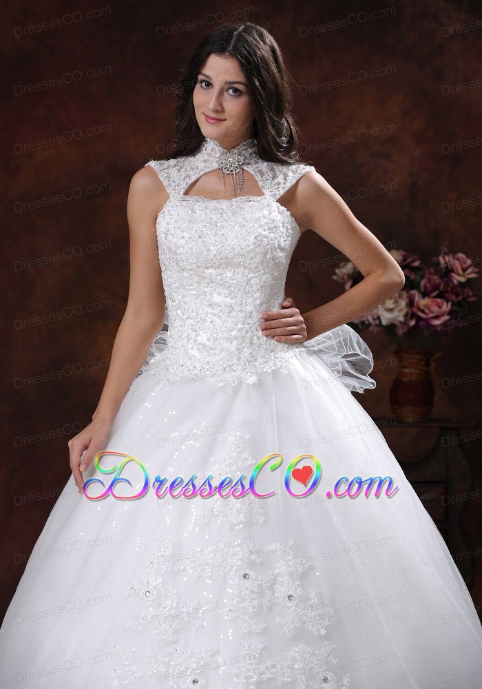 Custom Made High Neckline Wedding Dress With Chapel Train Lace Over Shirt