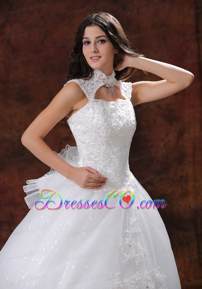 Custom Made High Neckline Wedding Dress With Chapel Train Lace Over Shirt