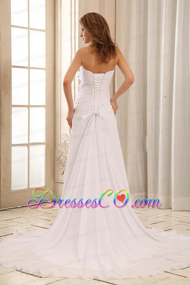 Beautiful Wedding Dress Hand Made Flowers and Ruched Bodice Sweetheart
