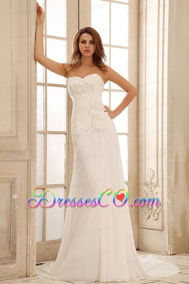 Custom Made Beach Wedding Dress With Hand Made Flowers and Ruched Bodice Appliques
