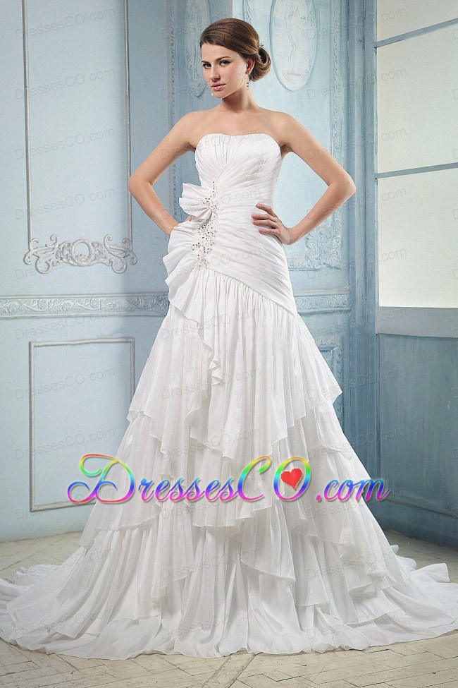 Wedding Dress With Ruching and Beading Ruffled Layers Court Train A-line For Custom Made