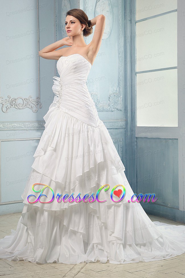 Wedding Dress With Ruching and Beading Ruffled Layers Court Train A-line For Custom Made