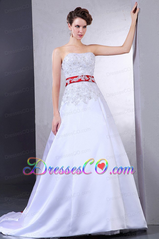 Luxurious Wedding Dress With Appliques and Red Sash Court Train For Custom Made