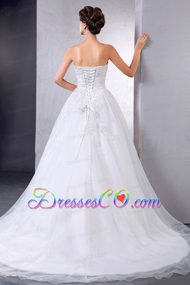 Pretty Ball Gown Wedding Dress With Appliques Chapel Train For Custom Made