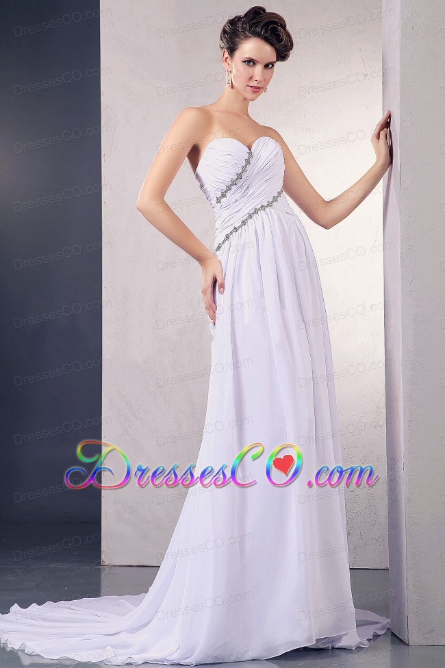 Elegant Wedding Dress With Appliques and Ruching Court Train Chiffon For Custom Made