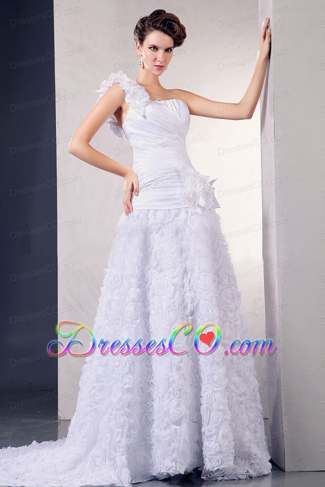 Wedding Dress With One Shoulder Hand Made Flowers Fabric With Rolling Flowers Court Train For Custom Made