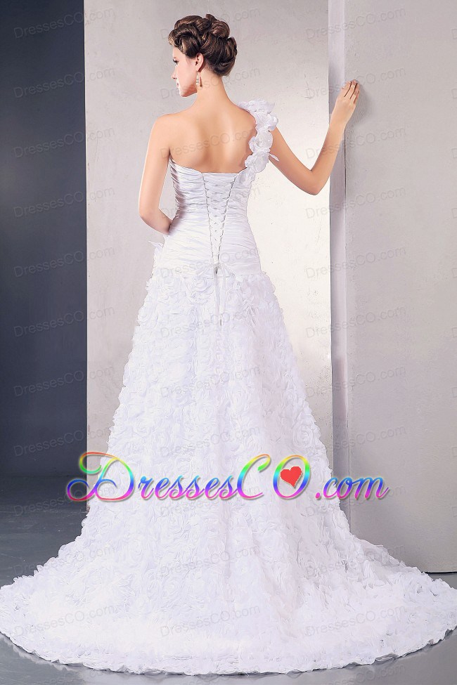 Wedding Dress With One Shoulder Hand Made Flowers Fabric With Rolling Flowers Court Train For Custom Made