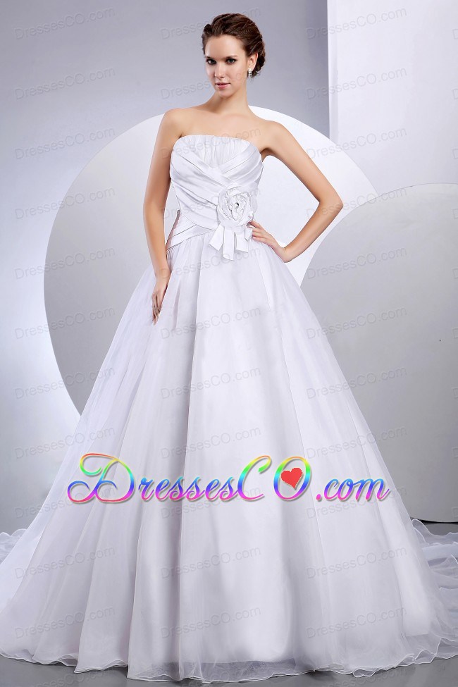 Wedding Dress With Hand Made Flower and Ruching A-line Cathedral Train
