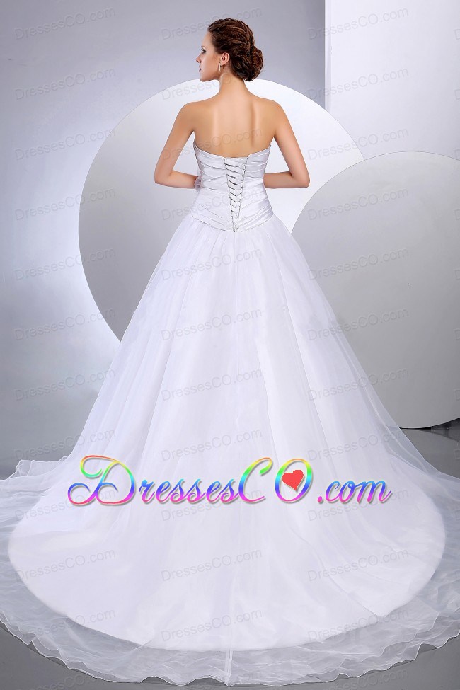 Wedding Dress With Hand Made Flower and Ruching A-line Cathedral Train