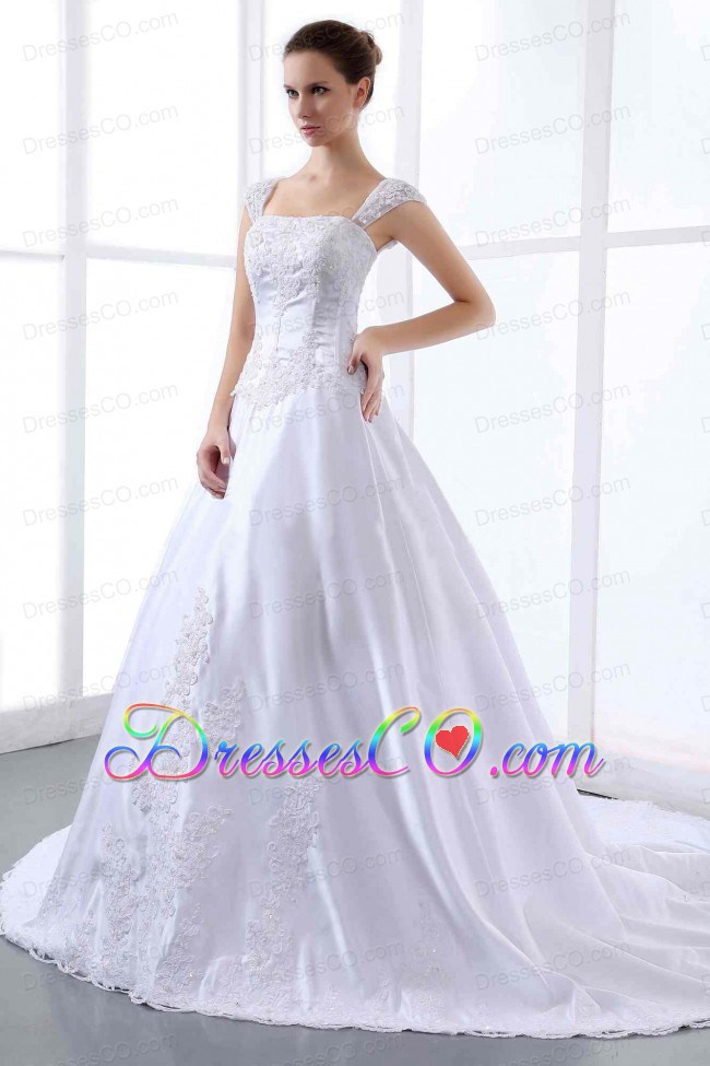 Custom Made Embroidery Wedding Dress With Straps Cathedral Train A-line