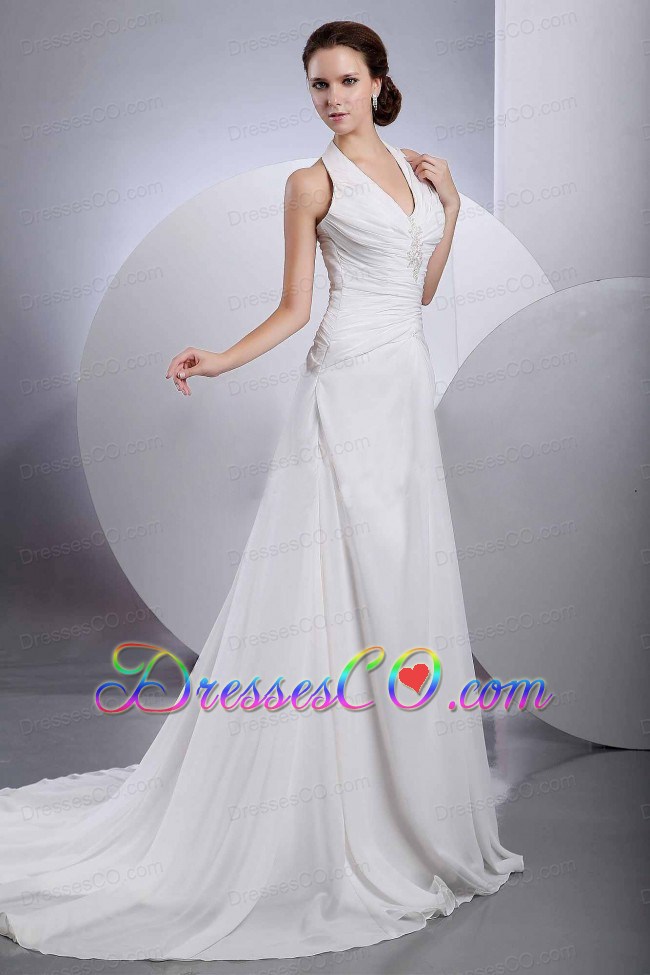 Chiffon Halter Appliques Brand new Wedding Dress With Buttons Back