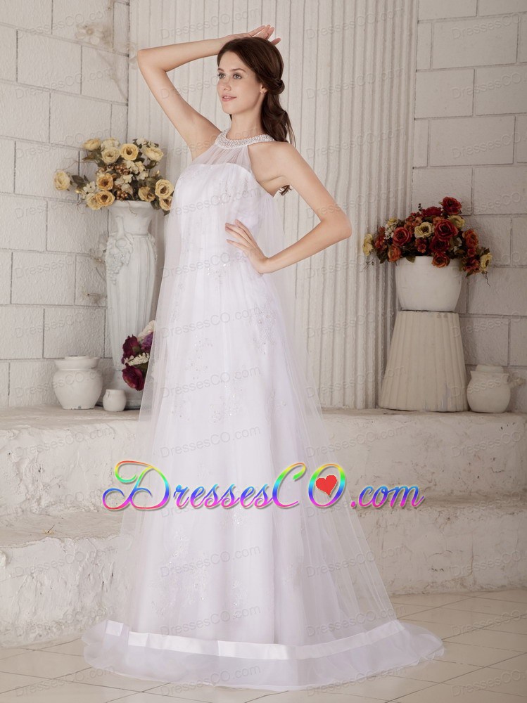 Perfect Column High-neck Organza Beading Wedding Dress