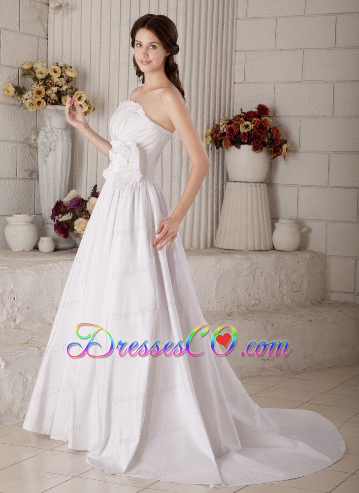 Elegant A-line Strapless Taffeta Beading and Hand Made Flower Wedding Dress