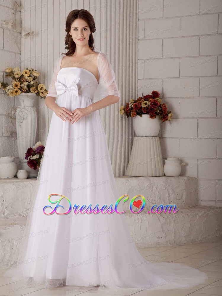 Gorgeous A-line Strapless Brush Train Tulle Bow Wedding Dress