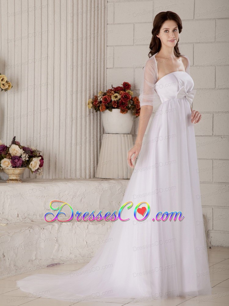 Gorgeous A-line Strapless Brush Train Tulle Bow Wedding Dress