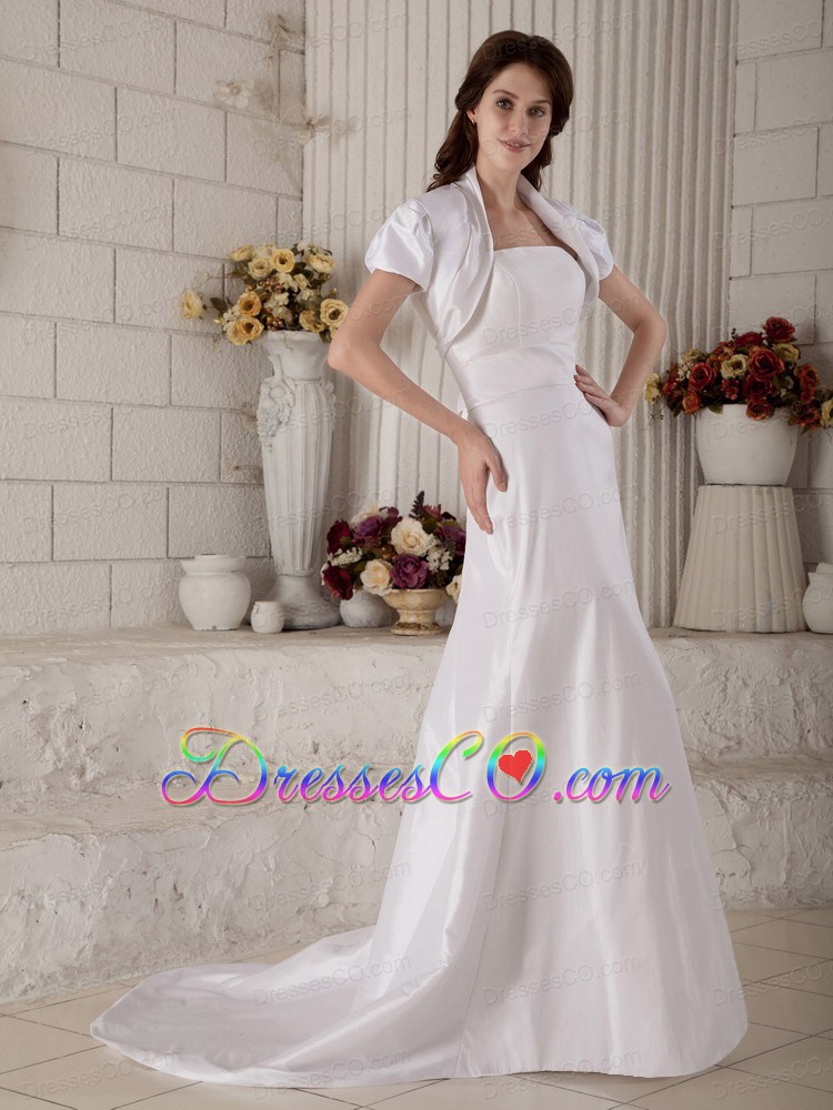 Modest A-line / Princess Strapless Court Train Satin Wedding Dress