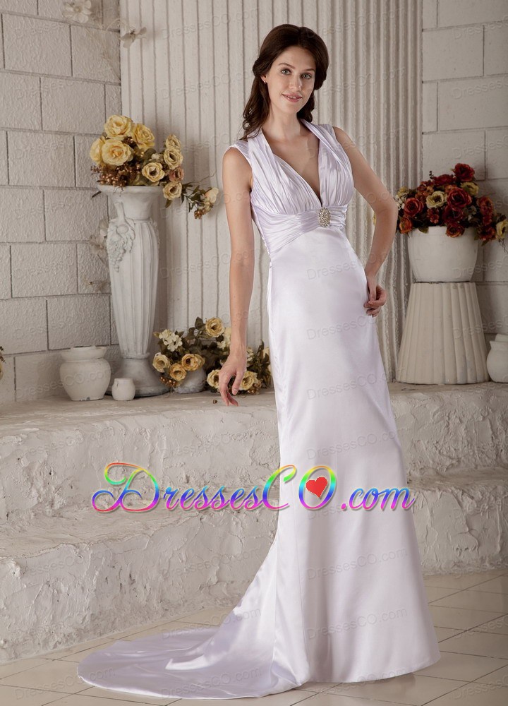 Exclusive Column Halter Brush Train Satin Ruched and Beading Wedding Dress