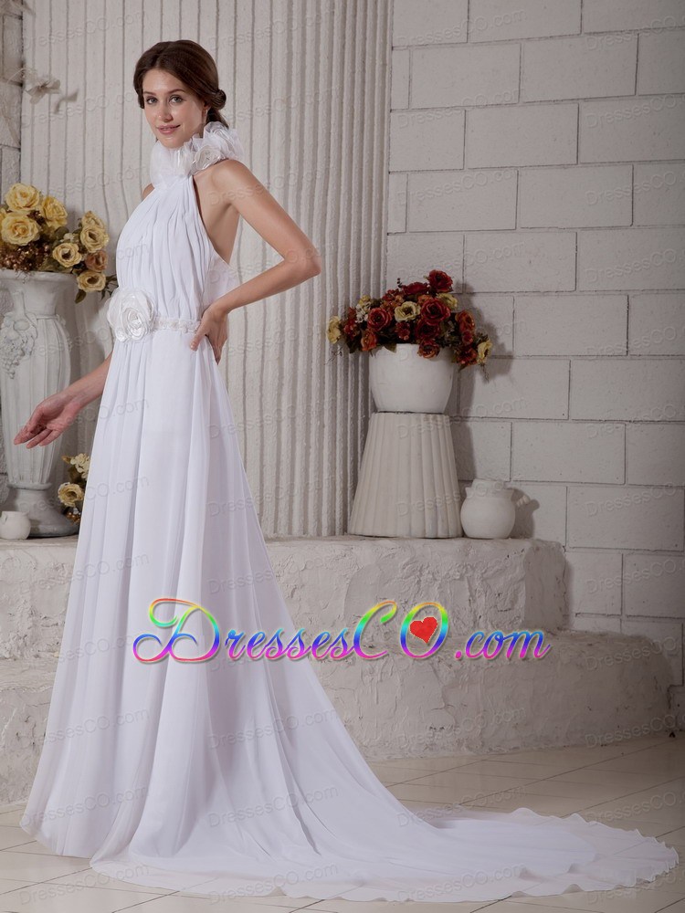 The Brand New Style Column High-neck Court Train Chiffon Hand Made Flowers Wedding Dress