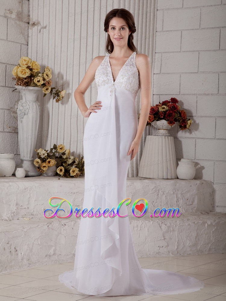 Mermaid V-neck Brush Train Chiffon Lace and Beading Wedding Dress
