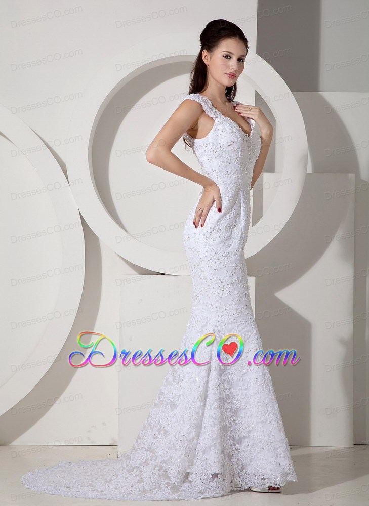 Brand New Mermaid V-neck Brush Train Lace Beading Wedding Dress