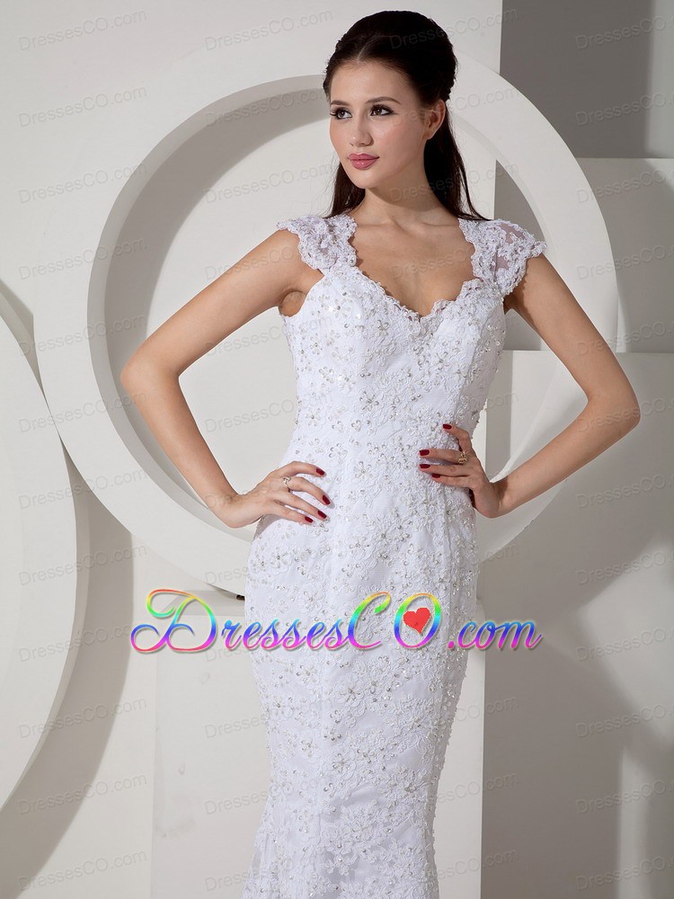 Brand New Mermaid V-neck Brush Train Lace Beading Wedding Dress