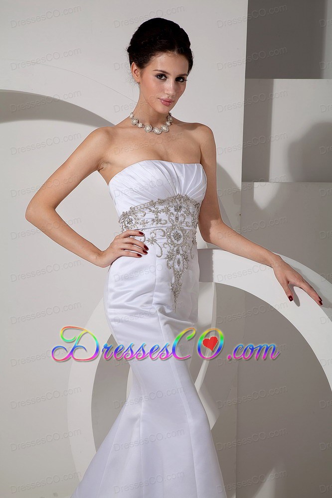Elegant Mermaid Strapless Brush Train Embroidery Wedding Dress