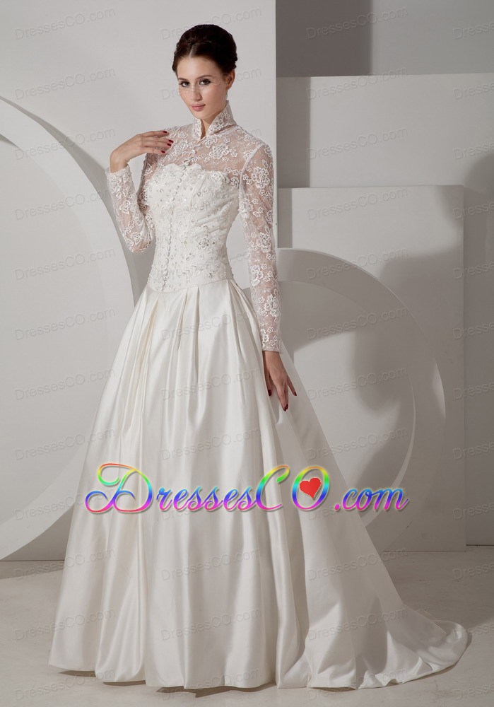 Unique A-line High-neck Brush Train Taffeta Lace Wedding Dress
