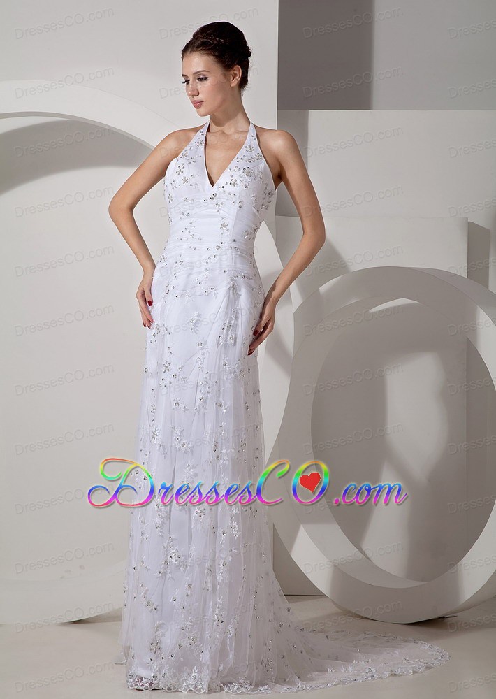 Beautiful Column Halter Court Train Lace Ruched Wedding Dress