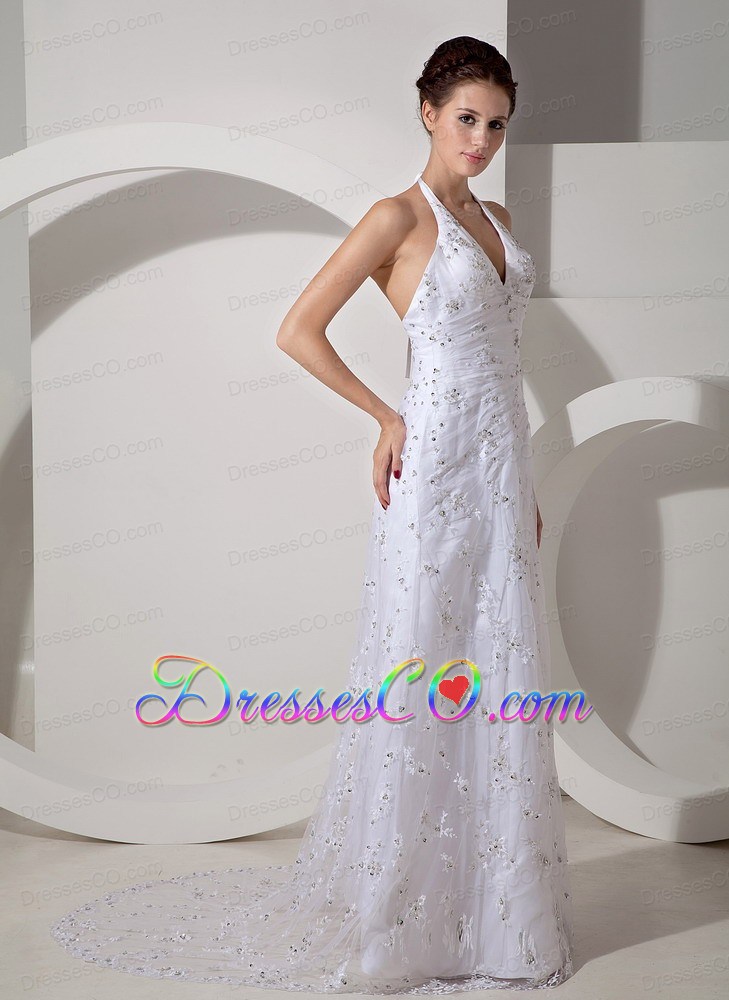 Beautiful Column Halter Court Train Lace Ruched Wedding Dress
