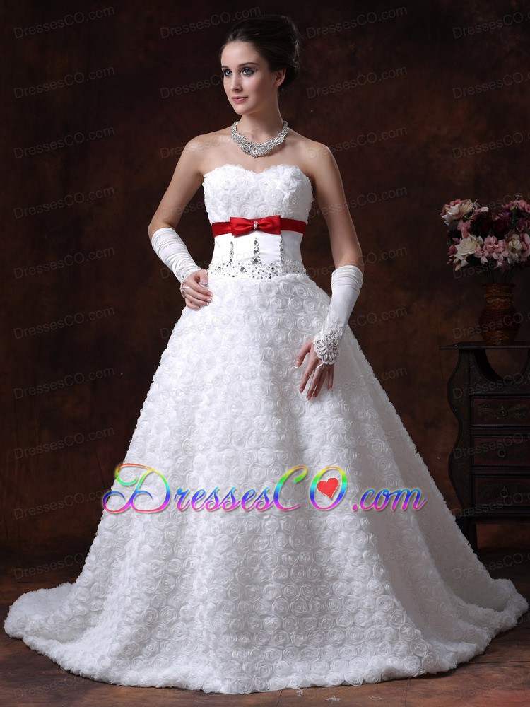 Rolling Flower Wedding Dress A-Line Bowknot Brush With Beading