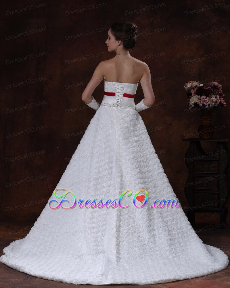 Rolling Flower Wedding Dress A-Line Bowknot Brush With Beading