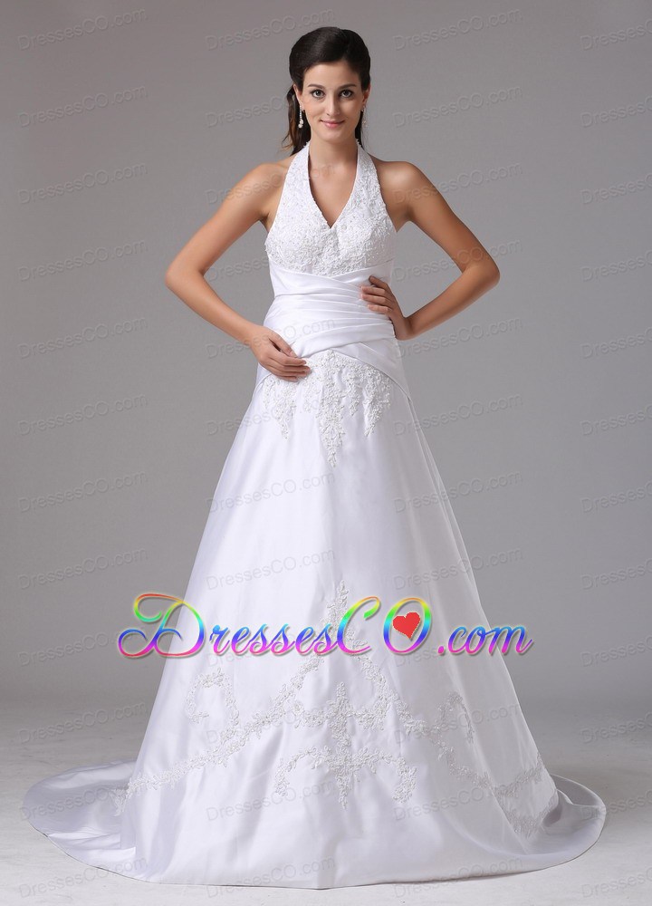 Custom Made A-line Halter Wedding Dress With Embroidery and Ruch In 2013