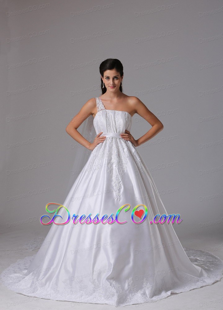Customize A-line One Shoulder Wedding Dress Embroidery and Ruching