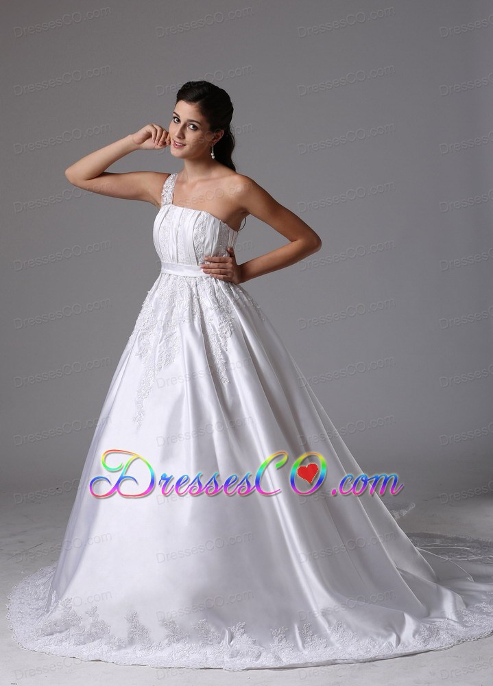 Customize A-line One Shoulder Wedding Dress Embroidery and Ruching
