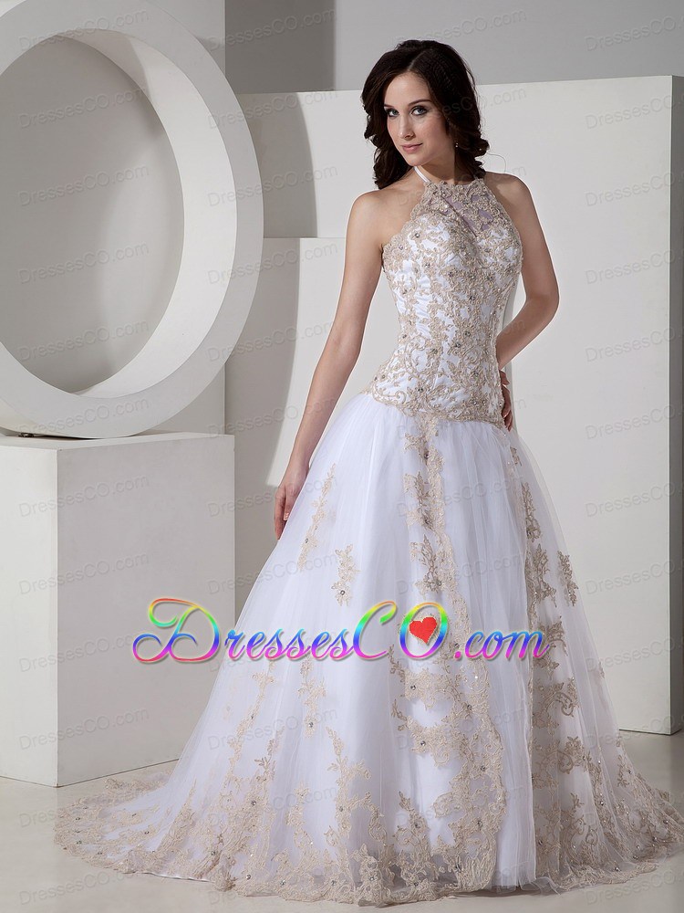 Exclusive Ball Gown Halter Court Train Tulle Lace Appliques Wedding Dress
