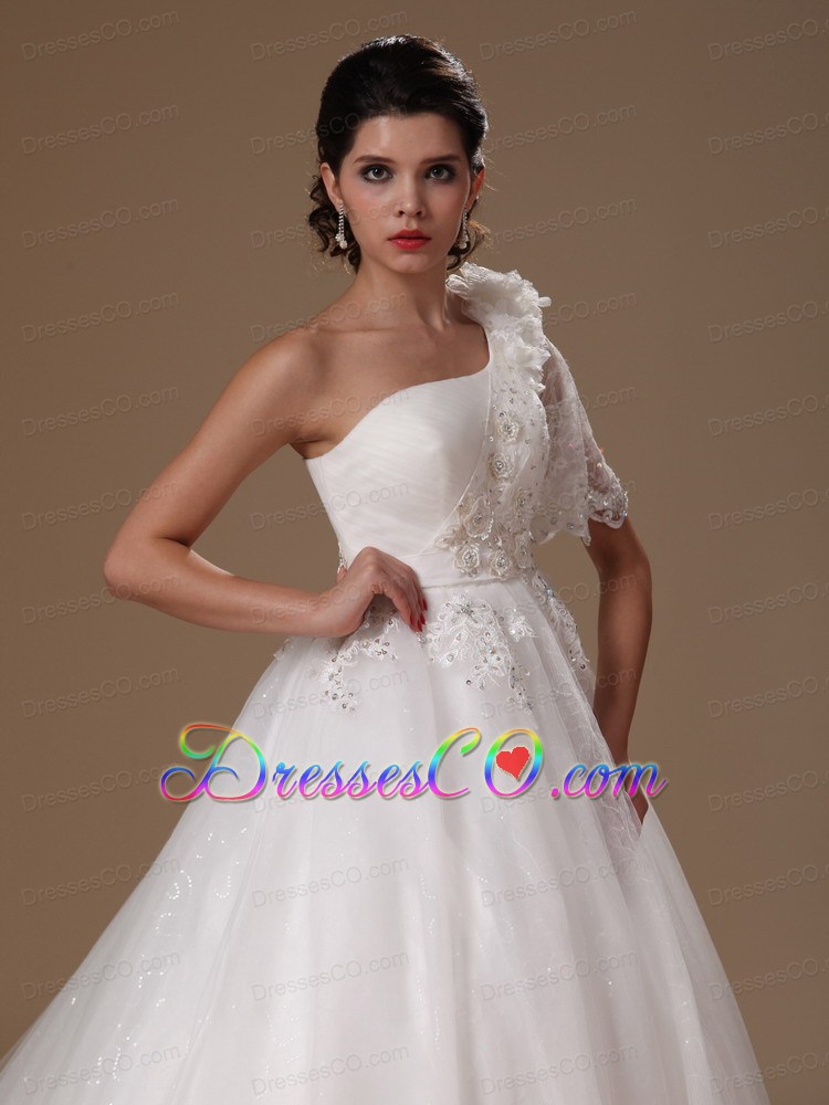Ball Gown One Shoulder Court Train One Sleeve Tulle Wedding Dress For Custom Made In 2013