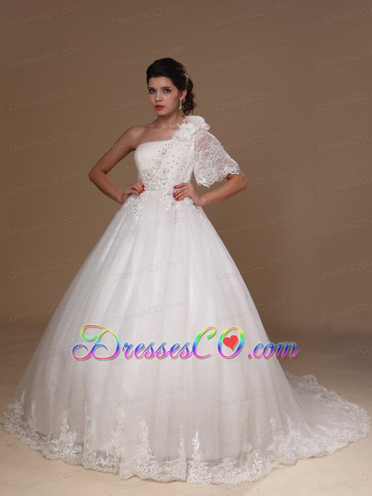 Ball Gown One Shoulder Court Train One Sleeve Tulle Wedding Dress For Custom Made In 2013