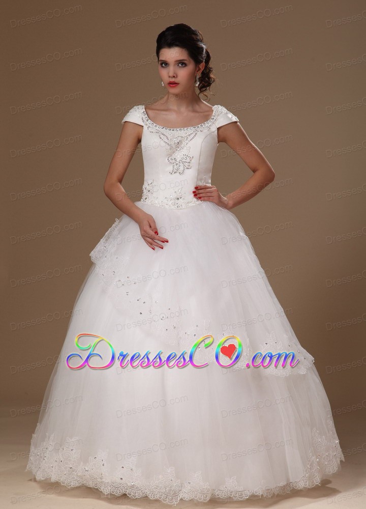 Scoop A-line Short Sleves Appliques Long Perfect Taffeta And Tulle Wedding Dress For Customize