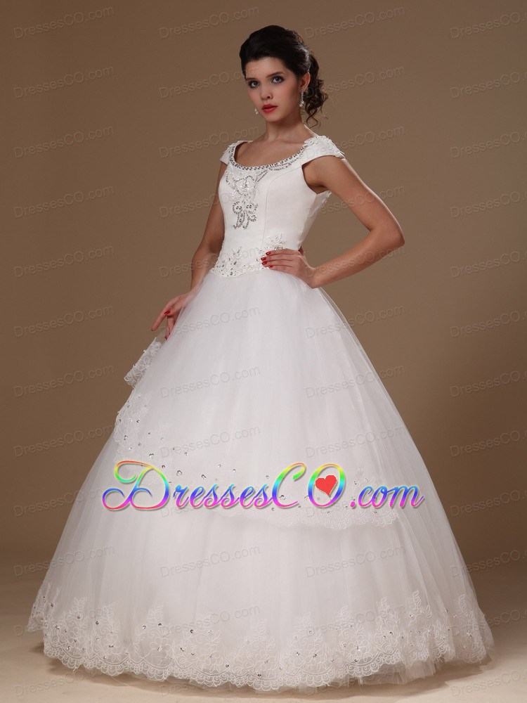 Scoop A-line Short Sleves Appliques Long Perfect Taffeta And Tulle Wedding Dress For Customize