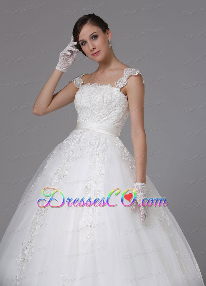Custom Made Ball Gown Wedding Dress Lace Sash Cap Sleeves Brush Train