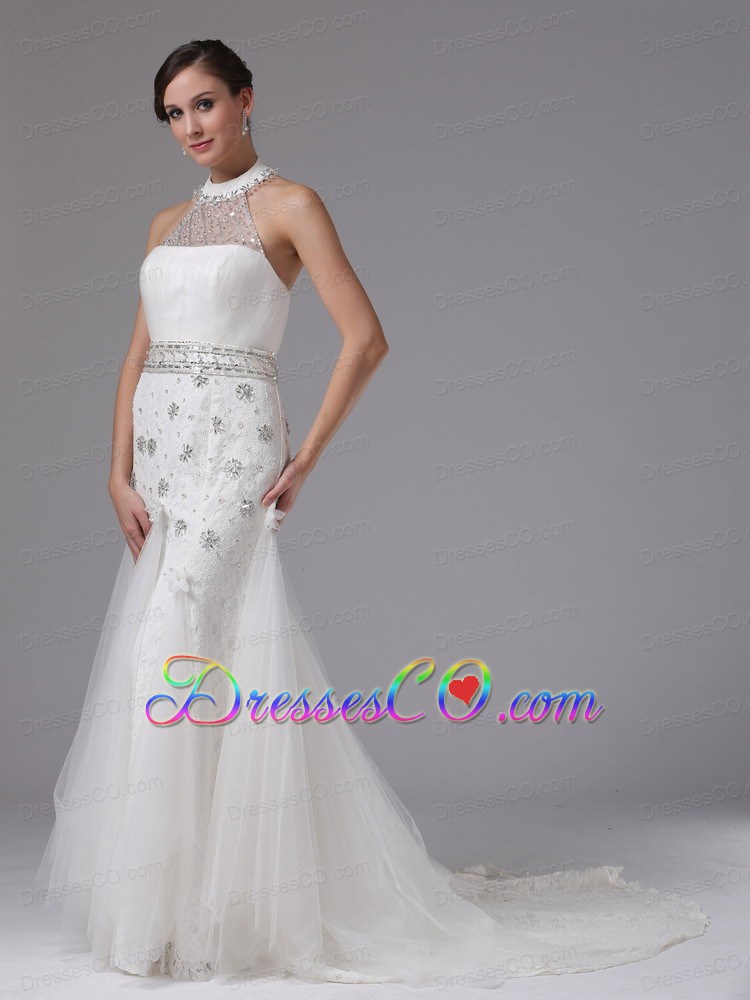 High-neck Column Wedding Dress Lace Beading Brush Train