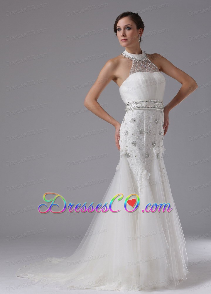 High-neck Column Wedding Dress Lace Beading Brush Train