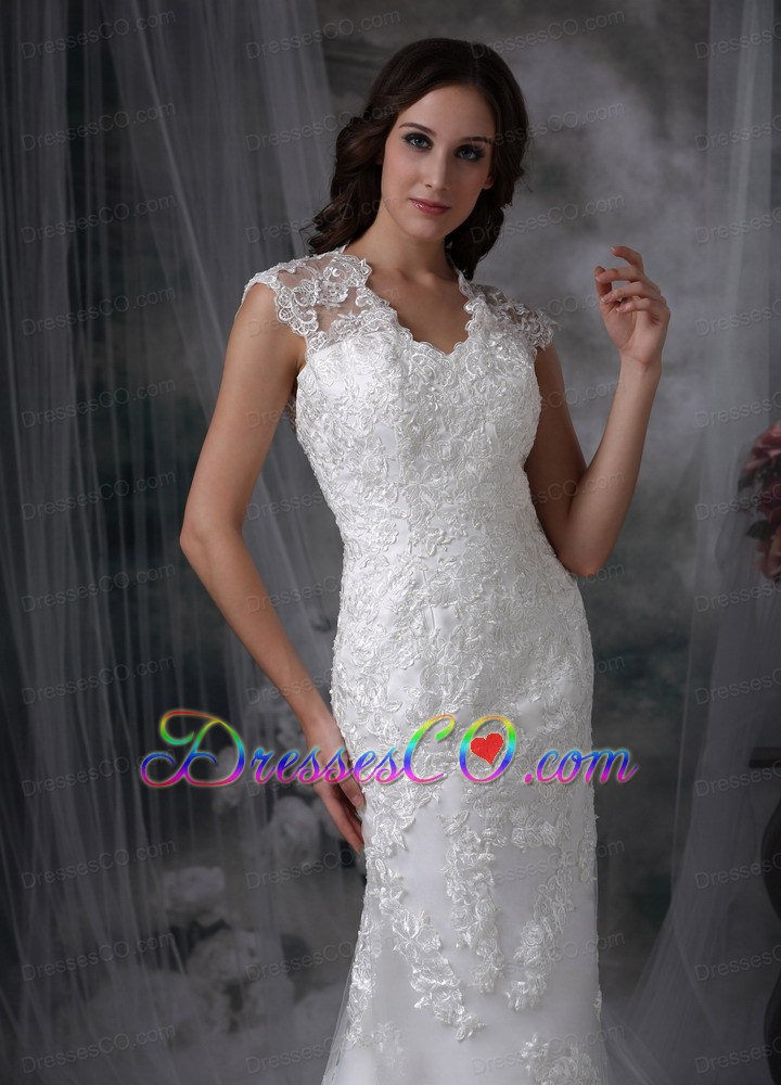 Beautiful Column V-neck Brush Train Lace Wedding Dress